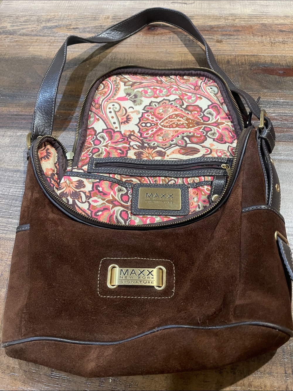 Maxx New York Brown Suede Shoulder Bag with Pink Paisley Lining